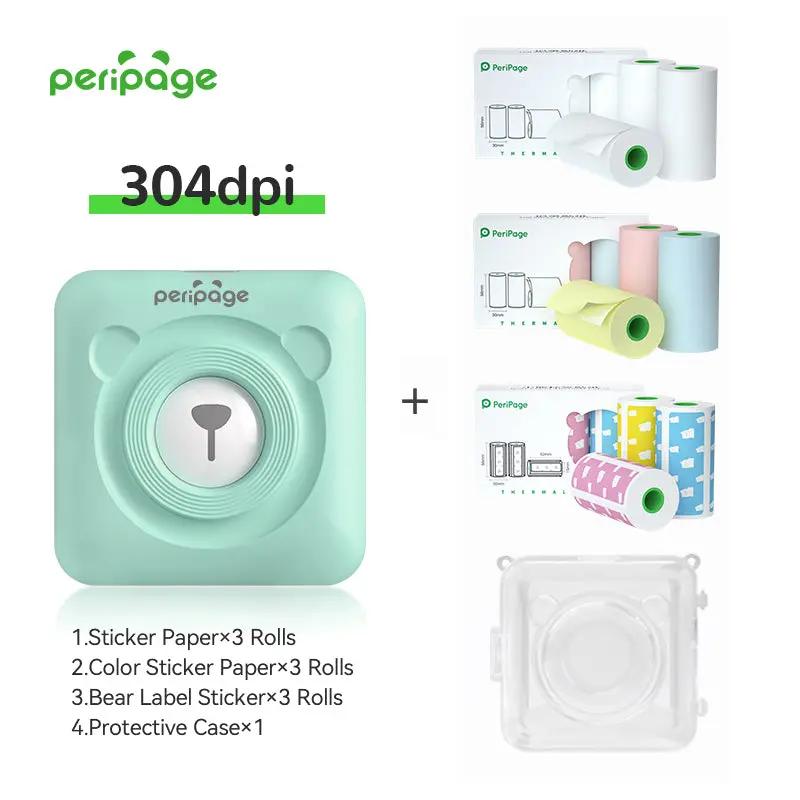 PeriPage A6 304dpi mint green printer bundle with sticker paper, color sticker paper, bear label stickers, and protective case for creative printing