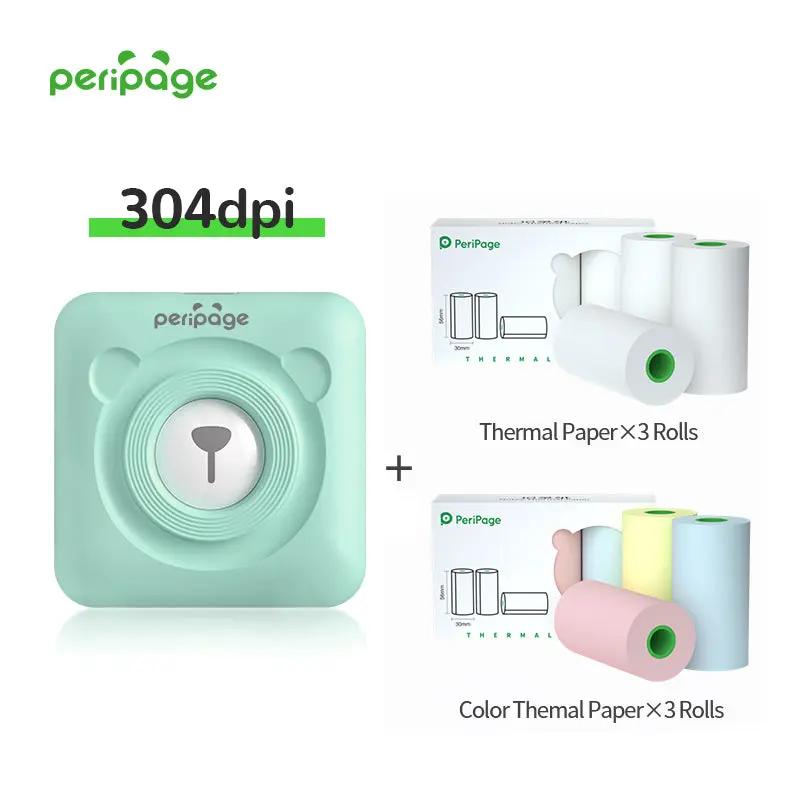 PeriPage A6 304dpi mint green portable thermal printer with 3 rolls of white thermal paper and 3 rolls of color thermal paper for DIY printing