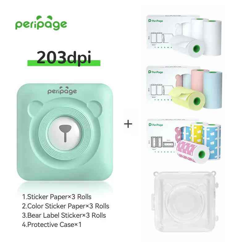PeriPage A6 304dpi mint green portable printer set with USB cable, one paper roll, and user manual for high-resolution printing