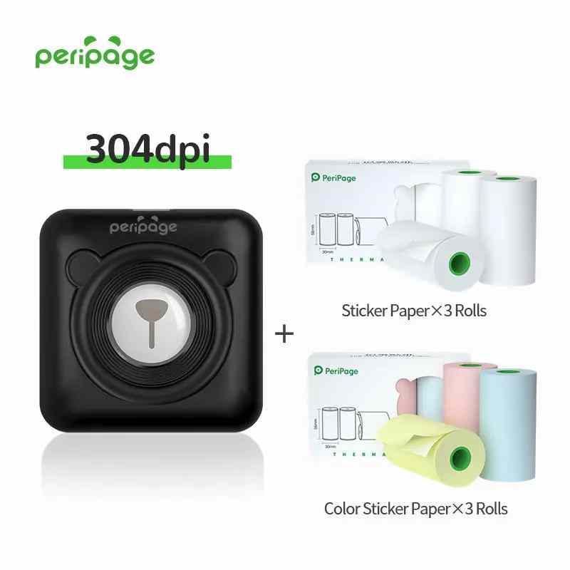 PeriPage A6 black portable Bluetooth printer (304dpi) with 3 rolls of sticker paper and 3 rolls of colored sticker paper. Small wireless thermal printer for labels, crafts, and journaling.