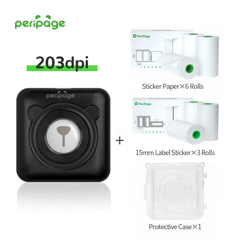 PeriPage A6 Black Mini Bluetooth Portable Printer with 3 Rolls Sticker Paper for Label Printing