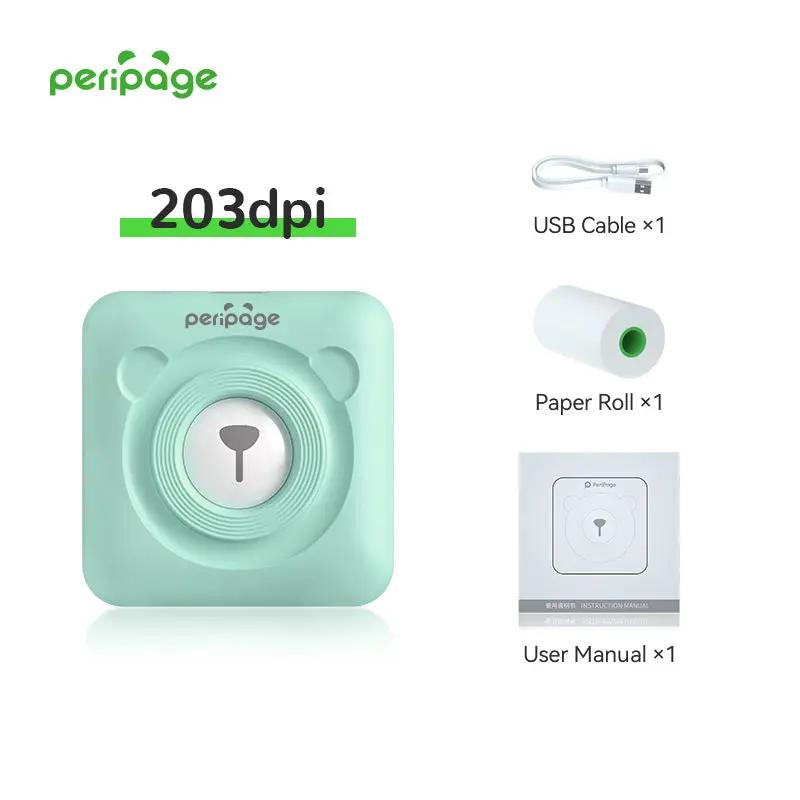 PeriPage A6 Green 203DPI Mini Bluetooth Thermal Printer basic package including USB cable, sample paper roll, and user manual for easy portable printing