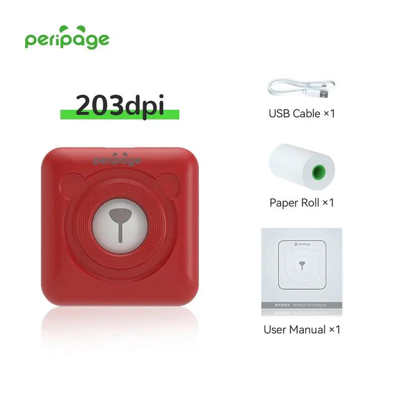 PeriPage A9 Mini Pocket Printer Red 203dpi with USB cable, paper roll, and user manual included. Compact wireless thermal printer for notes, labels, and photos