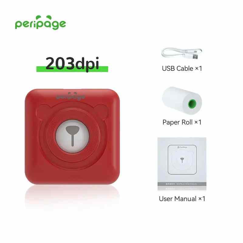 PeriPage A9 Mini Pocket Printer Red 203dpi with USB cable, paper roll, and user manual included. Compact wireless thermal printer for notes, labels, and photos