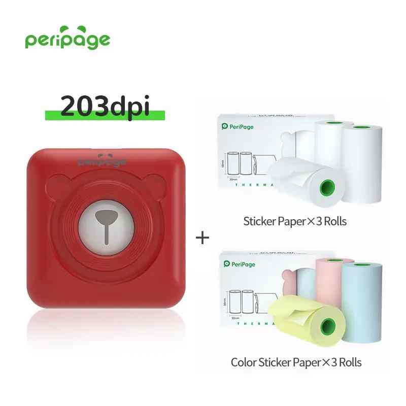 PeriPage A9 Red 203dpi Printer with 3 rolls of sticker paper and 3 rolls of color sticker paper. Wireless label and note printer for home or office use