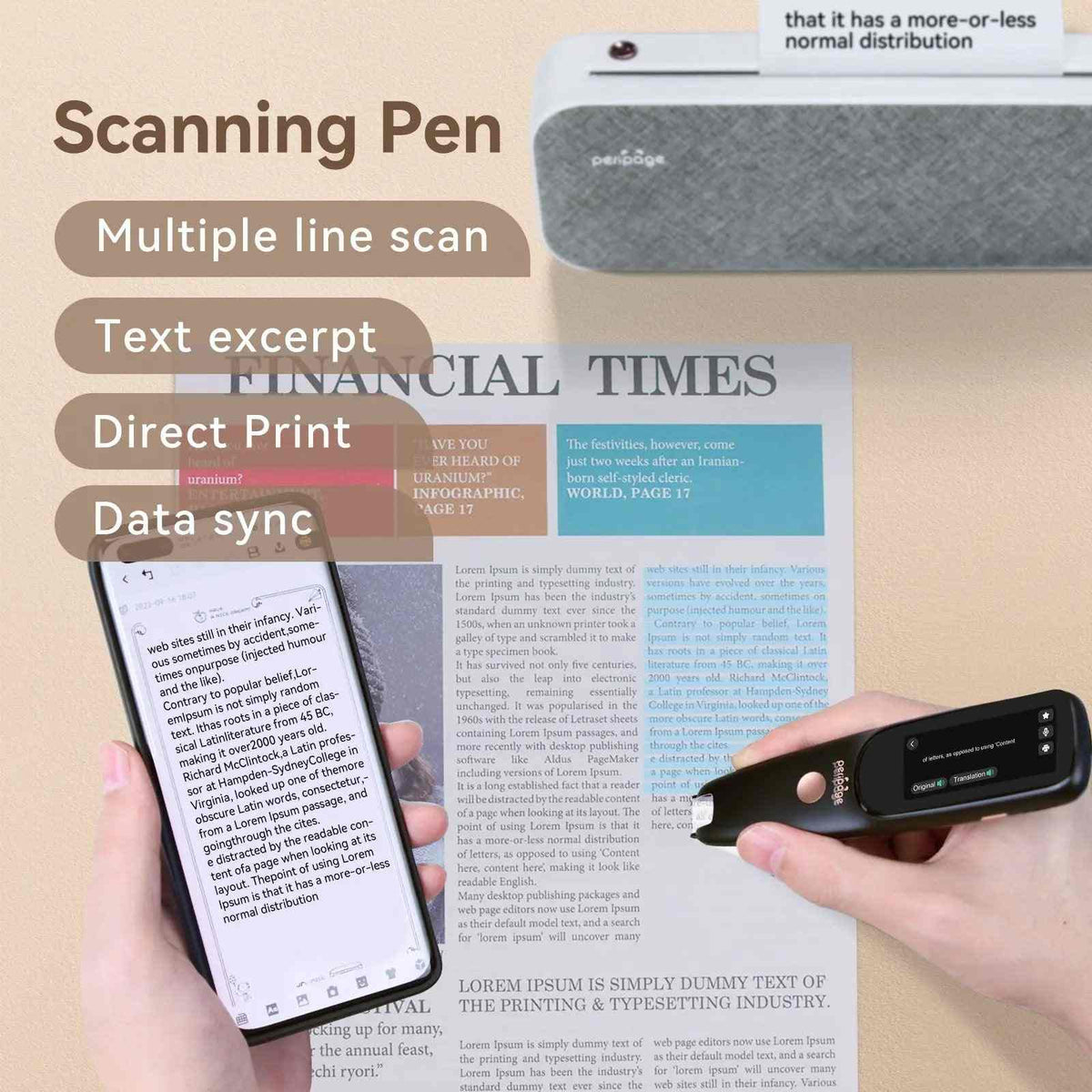 PeriPage D2S Translation Pen highlighting its multi-functionality: left/right-hand compatibility, Bluetooth earphone connection, 5M camera, and high-quality speaker