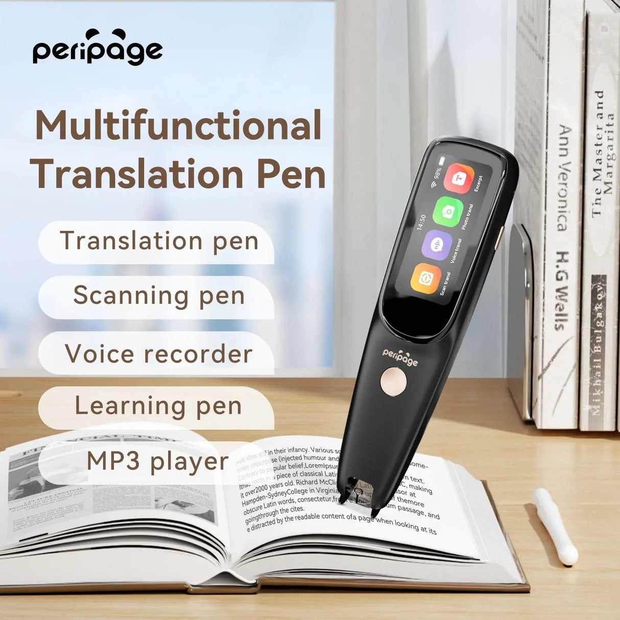 PeriPage D2S Translation Pen multifunctional device scanning book text with touchscreen on wooden table