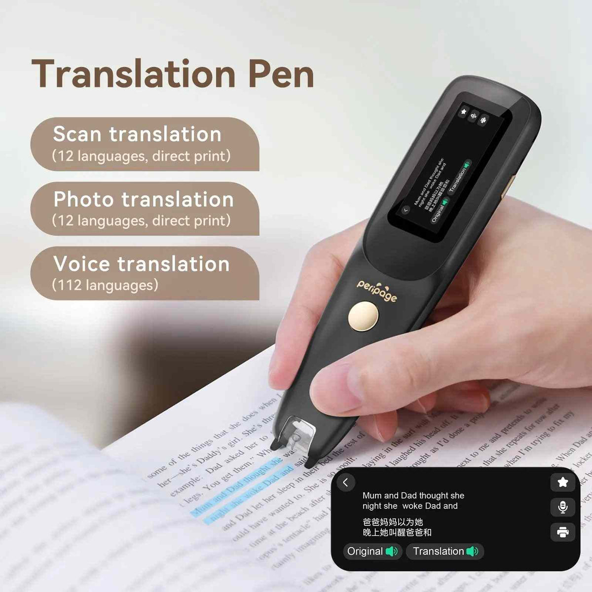 PeriPage D2S Translation Pen in action scanning and translating text from a book with its built-in scanning function and clear digital interface
