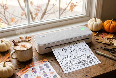 Official PeriPage A40 portable printer printing Halloween coloring sheets on cozy autumn table