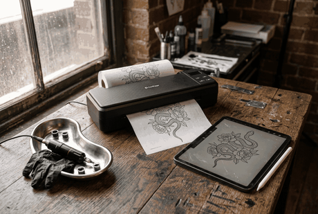 PeriPage P90 wireless tattoo stencil printer on dark wooden studio workbench printing purple transfer paper