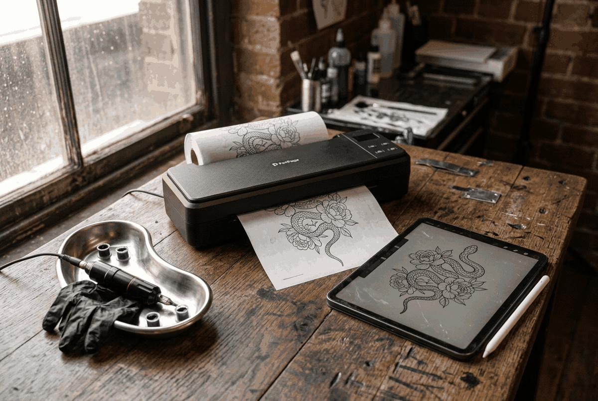 PeriPage P90 wireless tattoo stencil printer on dark wooden studio workbench printing purple transfer paper