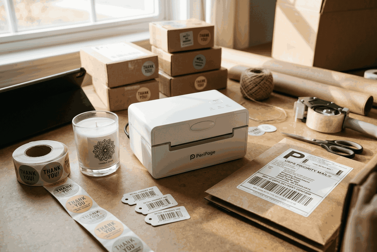 PeriPage PB41 4-Inch Thermal Label Printer printing multiple label sizes including circular thank you stickers and retail barcode tags