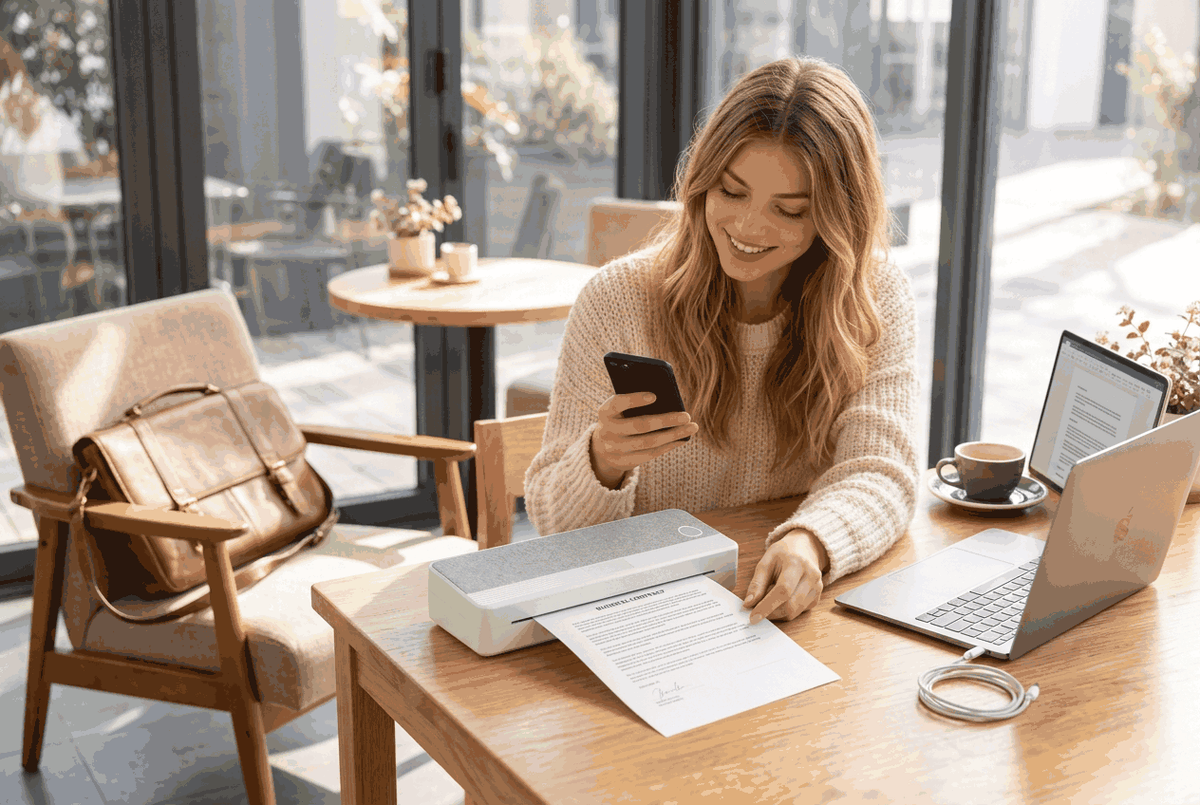 PeriPage P81 portable wireless A4 document printer in white and grey fabric on oak café table printing contracts on the go