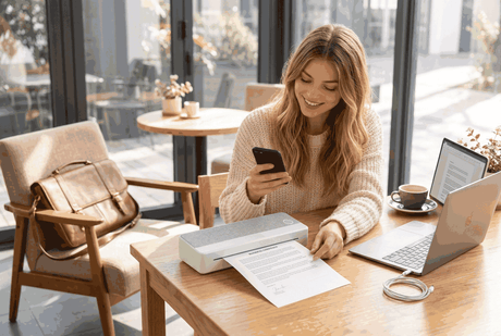 PeriPage P81 portable wireless A4 document printer in white and grey fabric on oak café table printing contracts on the go