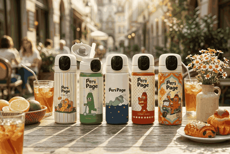 PeriPage PUPUKU Smart Touch Insulated Thermos Water Bottle 5 Character Collection on cafe table