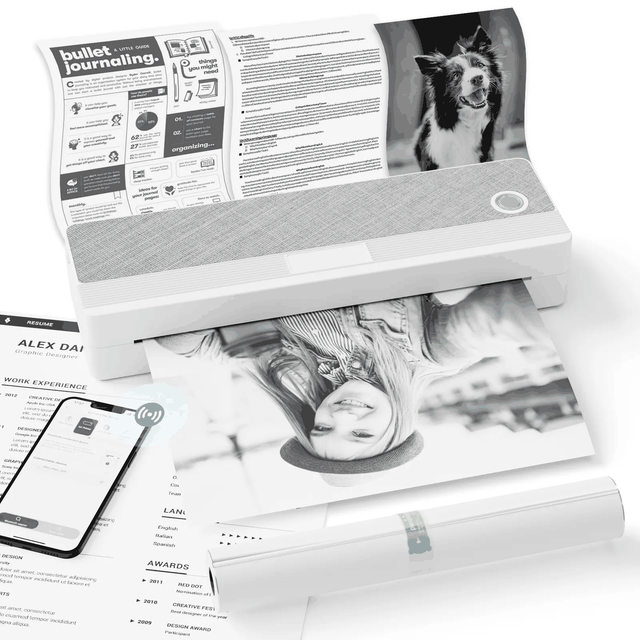 Peripage P81 portable wireless printer in white and grey fabric finish printing black and white photos and documents with smartphone nearby.