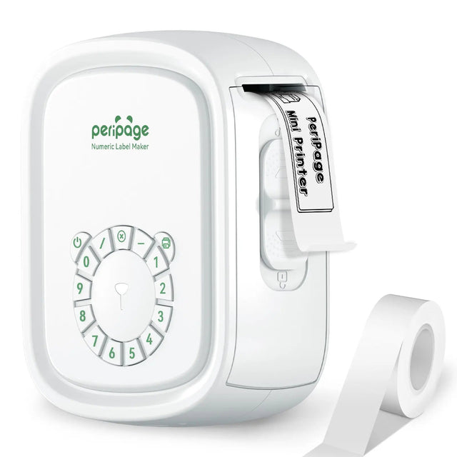 PeriPage P10 Pro numeric label maker in [color], compact Bluetooth thermal printer with dial keypad, printing adhesive labels for home and office organization.