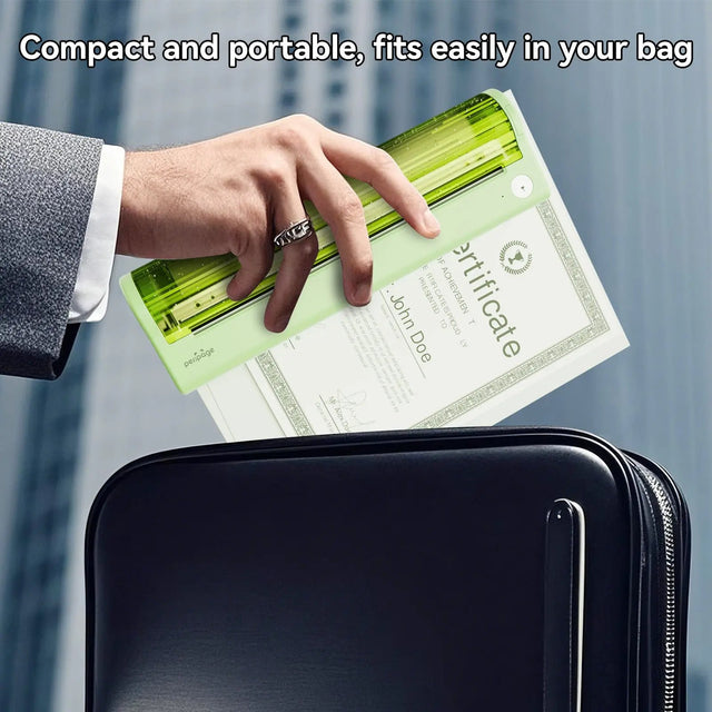 PeriPage P80 portable thermal printer in green showing step-by-step setup — press the button, print QR code, connect via app, and start printing easily from your phone.