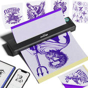 PeriPage P90 Tattoo Stencil Printer printing an eagle tattoo design via Bluetooth connection with smartphone, showing tattoo transfer papers beside it.