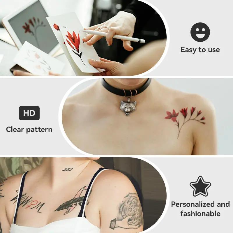 PeriPage Tattoo Transfer Paper for Wireless Tattoo Printer (P90, P90Pino), illustrating the usage process from printing the tattoo design, applying the transfer paper to the skin, to the tattoo artist completing the tattoo