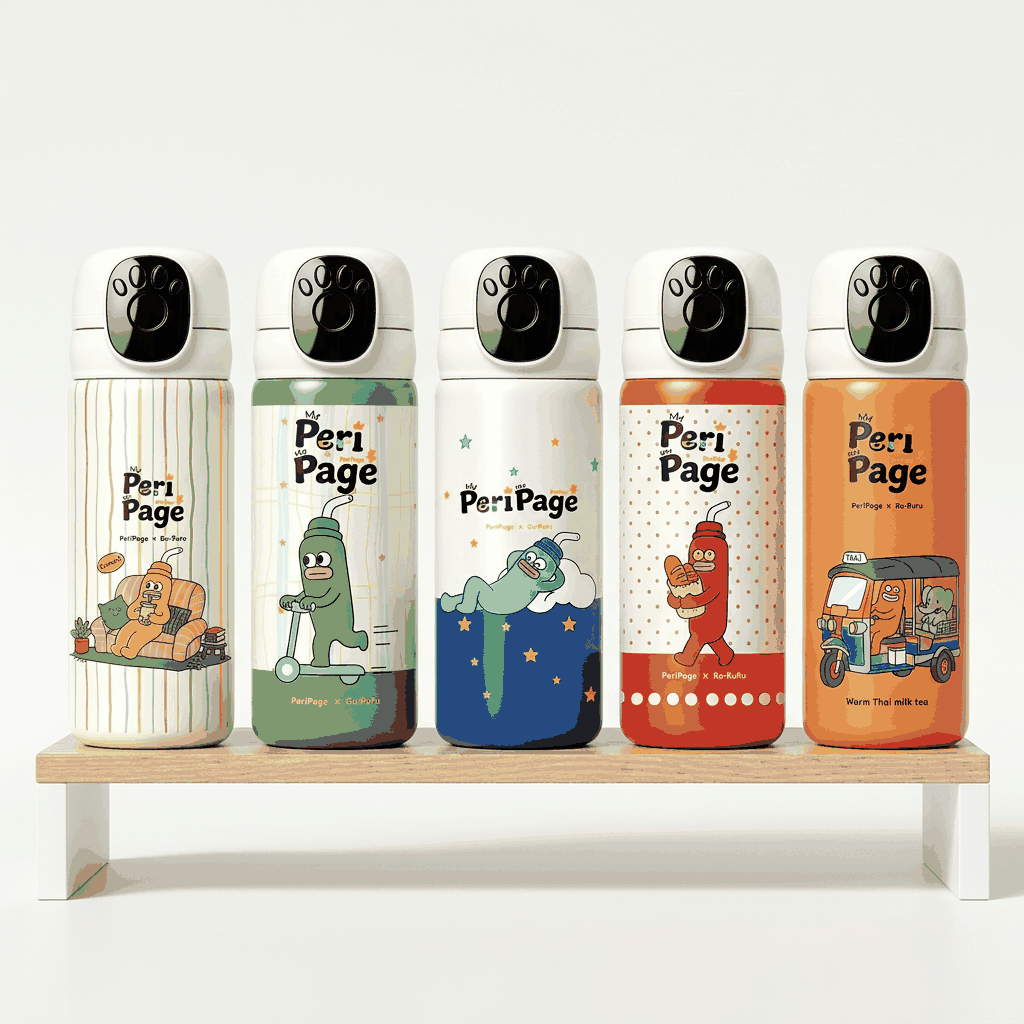 PeriPage Smart Touch insulated thermos bottles in cream, green, blue, red and orange, with playful character prints and paw-button lids.