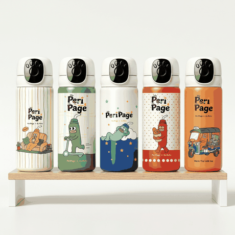 PeriPage Smart Touch insulated thermos bottles in cream, green, blue, red and orange, with playful character prints and paw-button lids.
