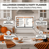 Halloween Dinner and Party Planner infographic with spooky feast menu and grocery list