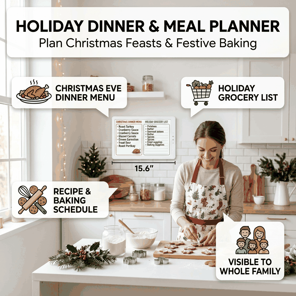 Holiday Dinner and Meal Planner infographic with Christmas feast and grocery list