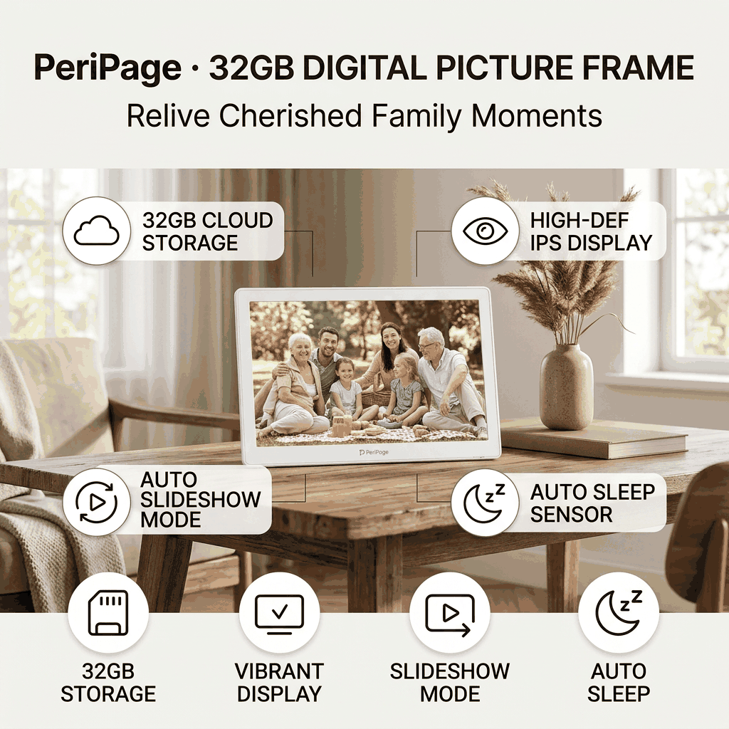 PeriPage 32GB Digital Picture Frame mode infographic showing family portrait in living room