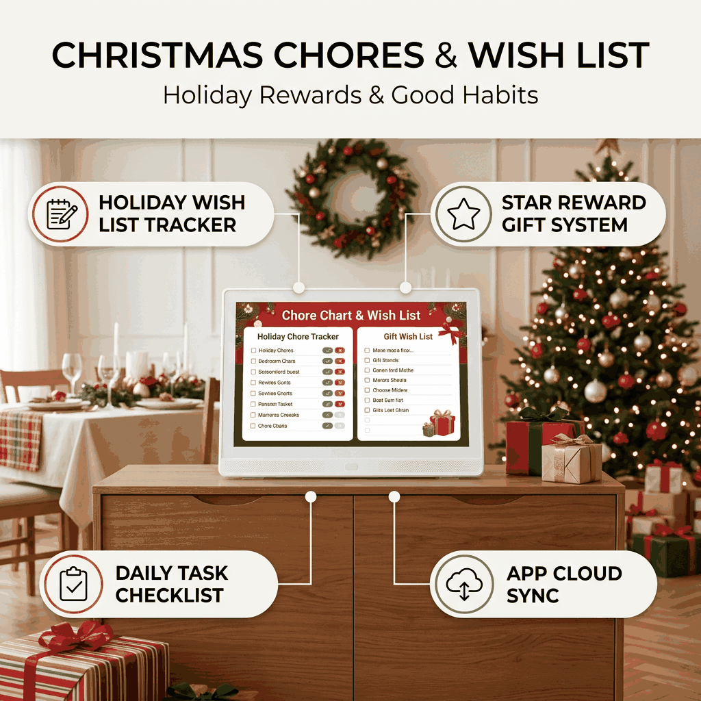 Christmas Chores and Wish List infographic with holiday reward gift system