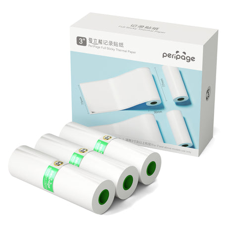 PeriPage 77x30mm Full Sticky Thermal Paper - 3 Rolls per Box, designed for 3-inch and larger printers, features strong adhesive backing for versatile labeling applications.