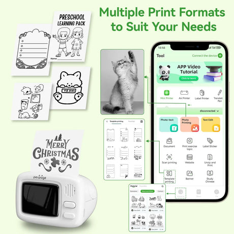 PeriPage A2 Portable Thermal Printer connecting via Bluetooth to a smartphone, printing a 30-day writing challenge list