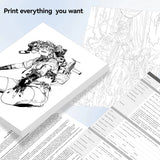 PeriPage A4 Transfer Paper feature icons showing fade-less, smooth texture, clear shading, quick dry, and official quality.