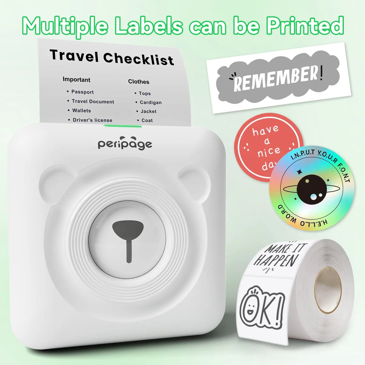Print multiple labels at once with the PeriPage A6 - create detailed travel checklists for documents, clothes, and reminders with ease.