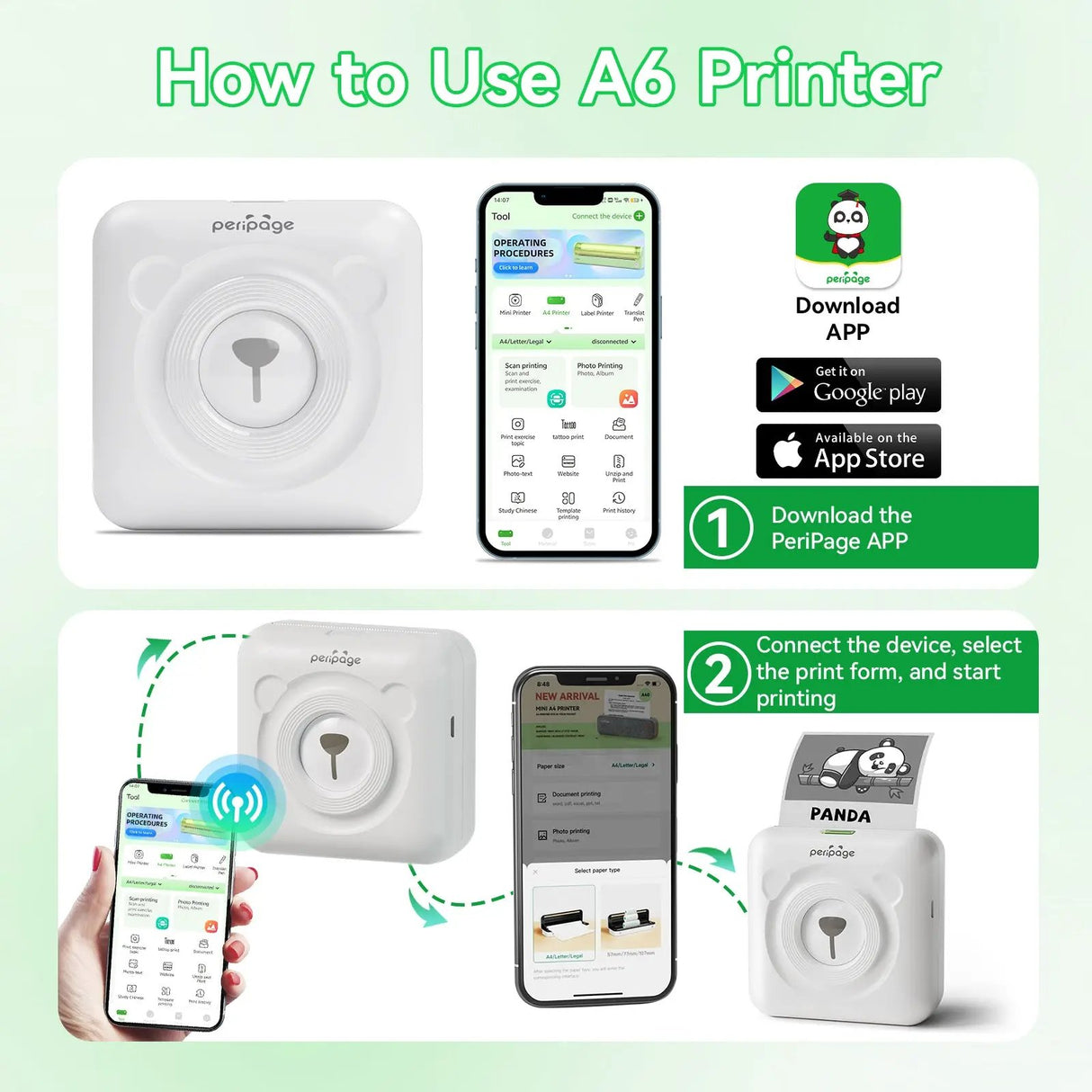 Wirelessly connect your PeriPage A6 mini printer to both phones and computers via Bluetooth for convenient cord-free printing.