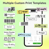 Peripage custom print templates shown on a phone app interface, including options for QR codes, 1D codes, pictures, text, icons, and more