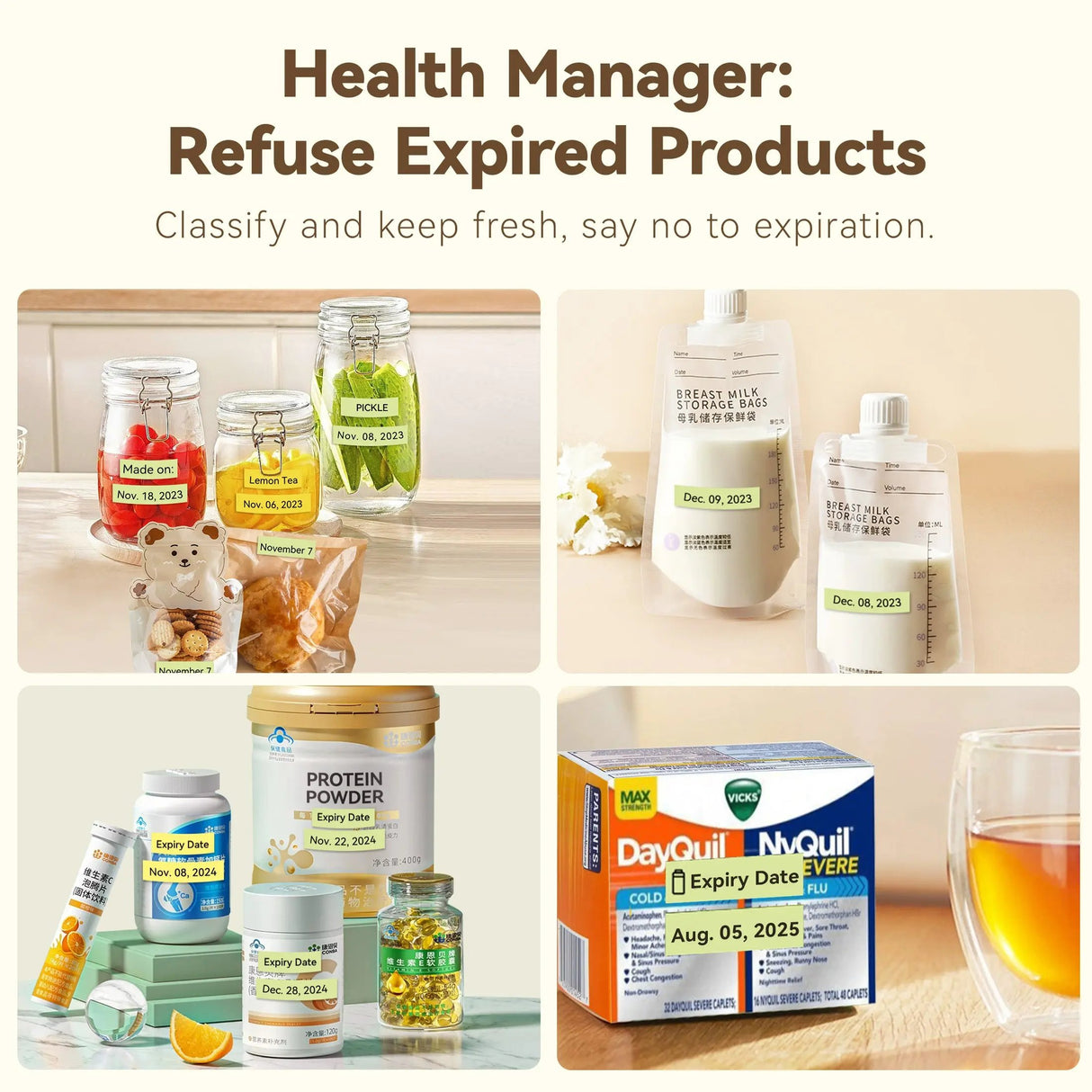 PeriPage P10 Label Printer used for labeling food and medicine containers, perfect for home health management.