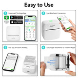 4 simple steps to use PeriPage P21: download app, Bluetooth connection, start printing, and proper thermal paper installation guide.
