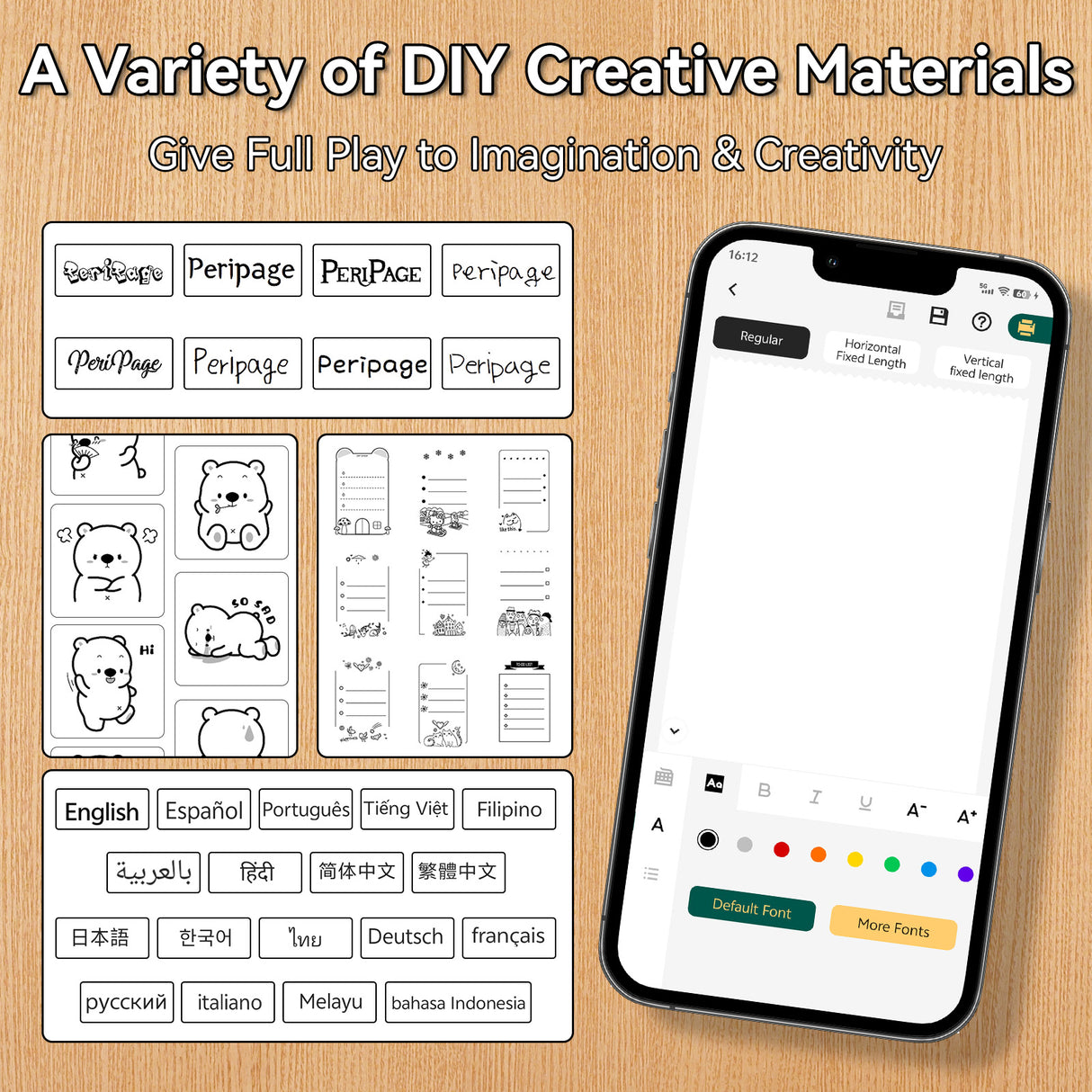 Unleash creativity with PeriPage P21's multilingual support and diverse DIY materials - includes font options and layout settings for custom projects.