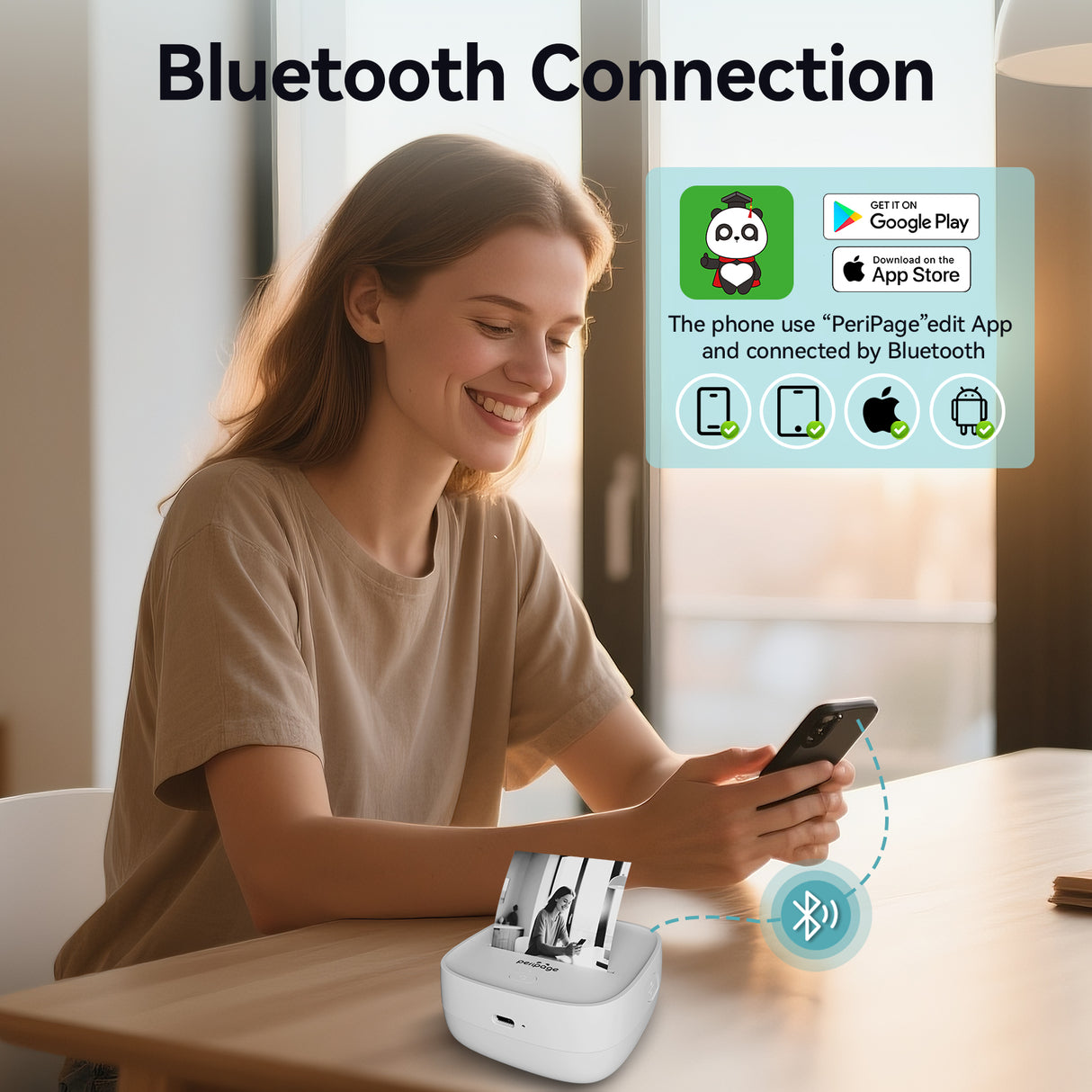 Easy Bluetooth connection for PeriPage P22 - download the 'PeriPage' edit app from Google Play or App Store to start printing.