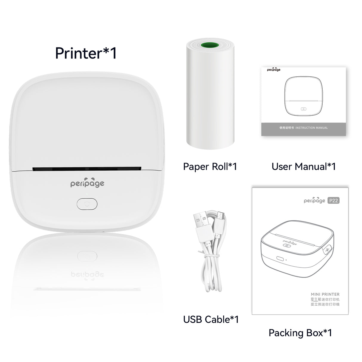 Everything included in the PeriPage P22 box: mini printer, USB cable, paper roll, user manual, and packing box.