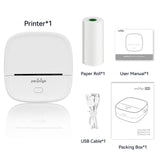 Everything included in the PeriPage P22 box: mini printer, USB cable, paper roll, user manual, and packing box.