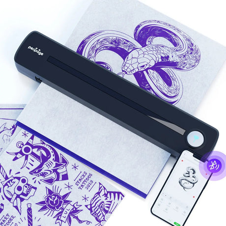 Unlock creativity with the exclusive PeriPage P91 tattoo app, featuring an editor, stencil library, image processing, and 3D tattoo preview.