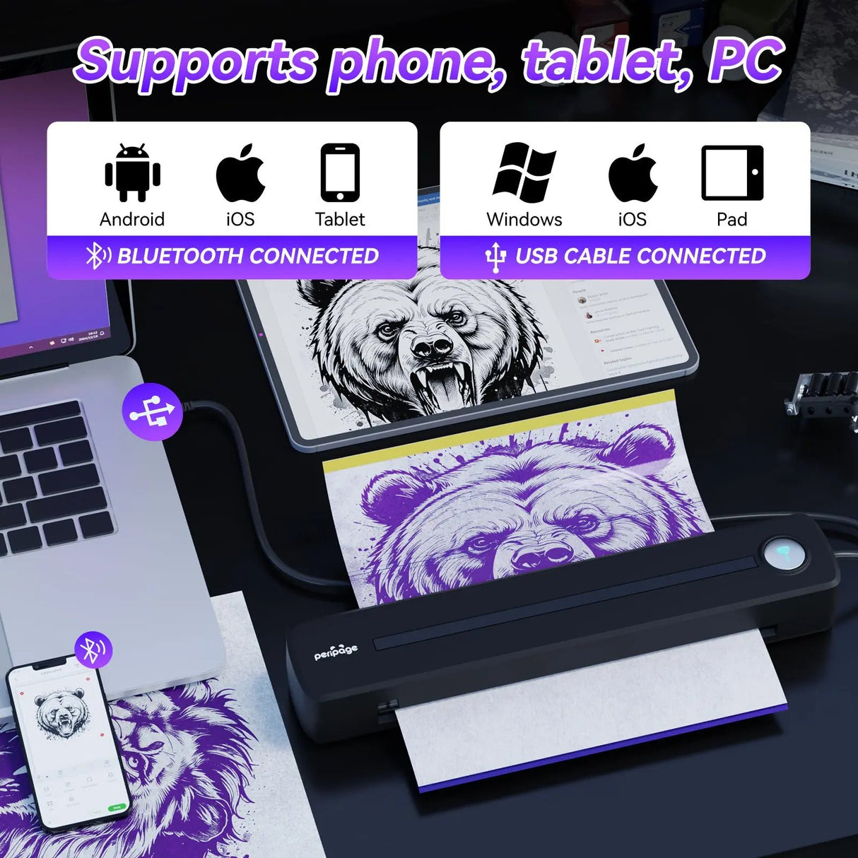 Easy to use PeriPage P91 wireless tattoo printer: power on, connect via app, load specialty paper, and start your DIY tattoo printing.