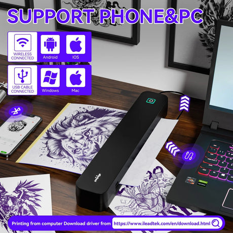 Connect Your PeriPage P92 Tattoo Printer Wirelessly via Bluetooth or with USB Cable. Supports Printing from Both Phone and Computer for Ultimate Flexibility.