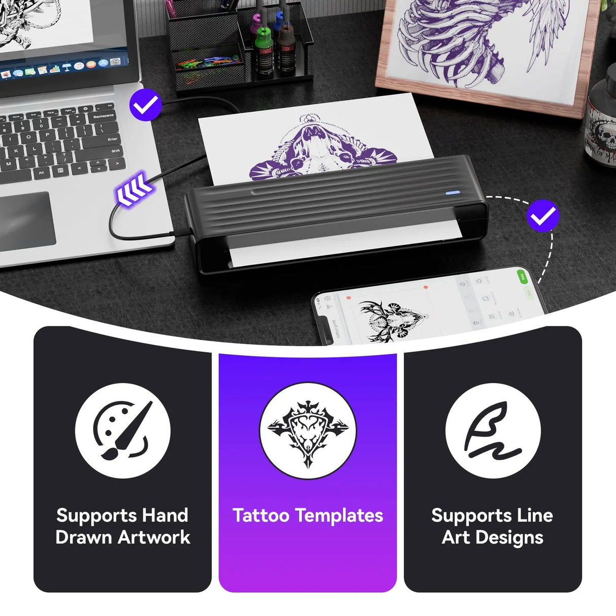 Connect your PeriPage P93 Tattoo Printer to any device: USB for Windows & Mac, or wirelessly for Android & iOS, ensuring seamless integration into your workflow.
