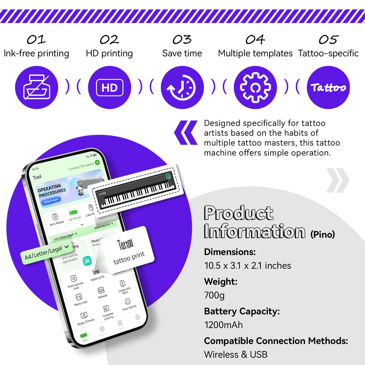PeriPage Pino tattoo machine offers ink-free HD printing, time savings, and multiple templates. Dimensions: 10.5x3.1x2.1 inches, 700g, 1200mAh battery, Wireless & USB connectivity.