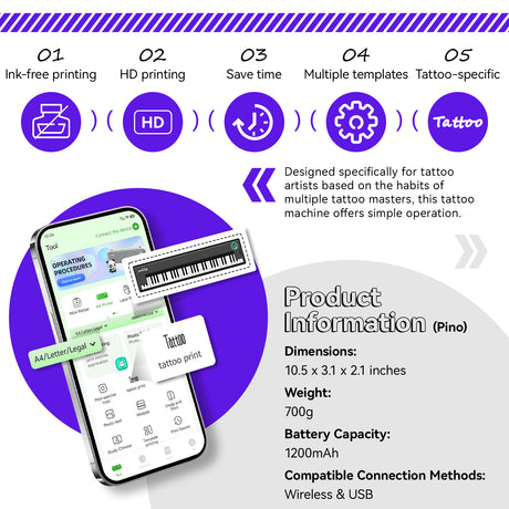 PeriPage Pino tattoo machine offers ink-free HD printing, time savings, and multiple templates. Dimensions: 10.5x3.1x2.1 inches, 700g, 1200mAh battery, Wireless & USB connectivity.