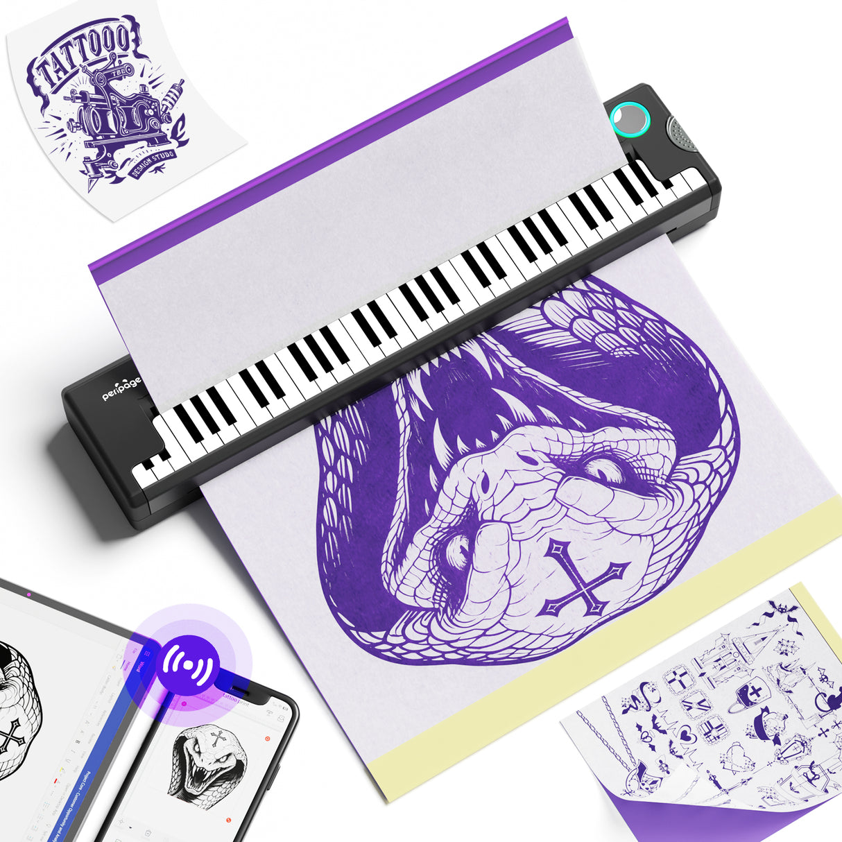 See the clean, precise result of a tattoo stencil printed with the PeriPage Pino compact thermal tattoo machine using inkless technology.