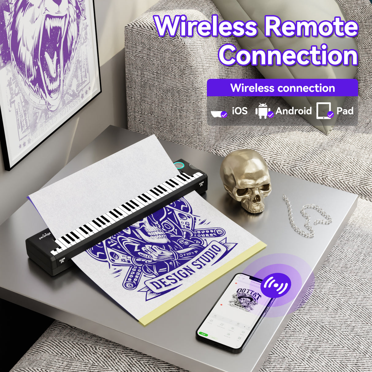 Wireless remote connection for the PeriPage Pino tattoo printer - compatible with iOS, Android, and Pad devices for cord-free convenience.